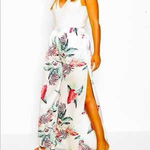 Plus Tropical Print Wide Leg Satin Pants
